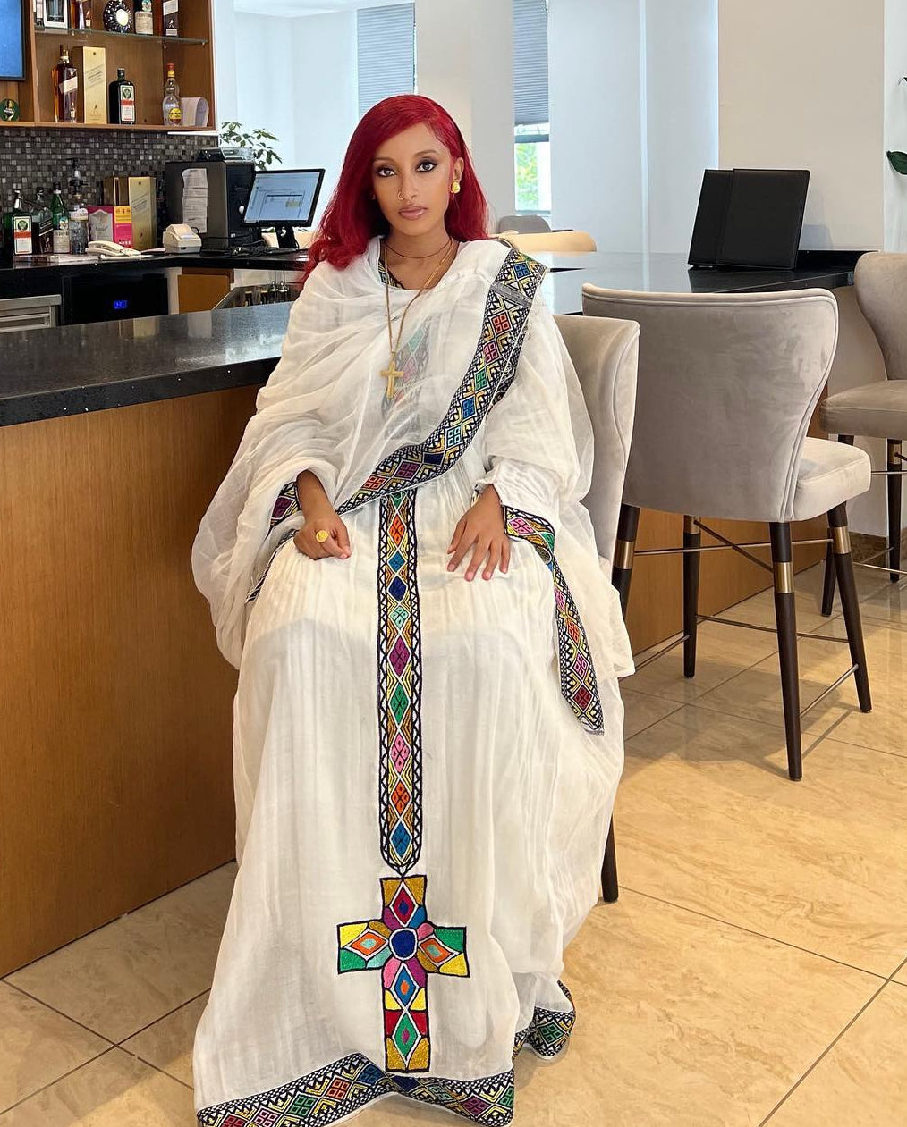 Radiant Rainbow Tibeb Habesha Kemis Ethiopian Traditional Dress Colorful Cross Embroidery Habesha Dress 925