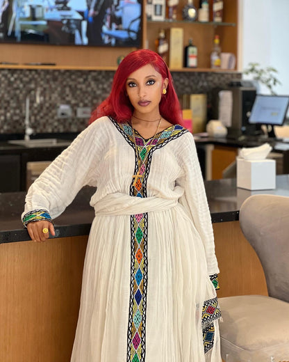 Radiant Rainbow Tibeb Habesha Kemis Ethiopian Traditional Dress Colorful Cross Embroidery Habesha Dress 925