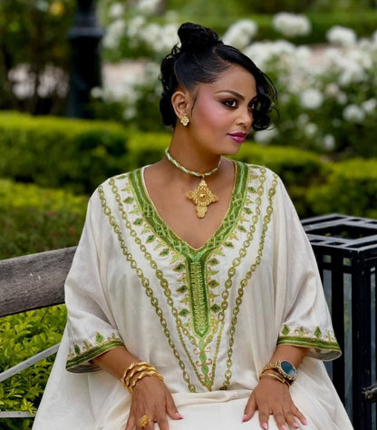Stylish Olive Embroidered Habesha Caftan Dress Flowing Ethiopian Heritage Gown Ruffle Hem & Timeless Habesha Dress 926