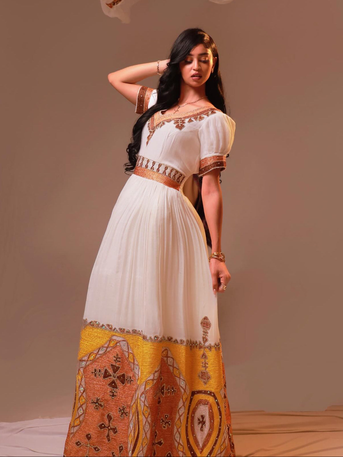 Golden Sunrise Ethiopian Dress Cultural Gown with Geometric Hem Embroidery 927