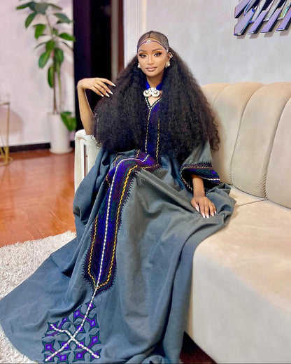 Luxurious Charcoal Gray Habesha Dress Royal Blue Geometric Embroidery Habesha Kemis With Wide Cuffs 930