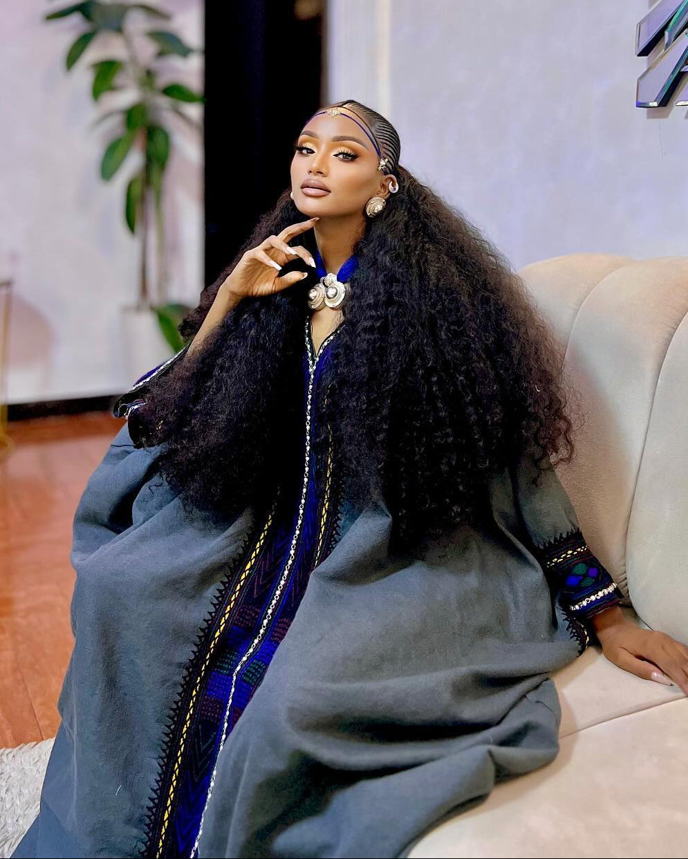 Luxurious Charcoal Gray Habesha Dress Royal Blue Geometric Embroidery Habesha Kemis With Wide Cuffs 930
