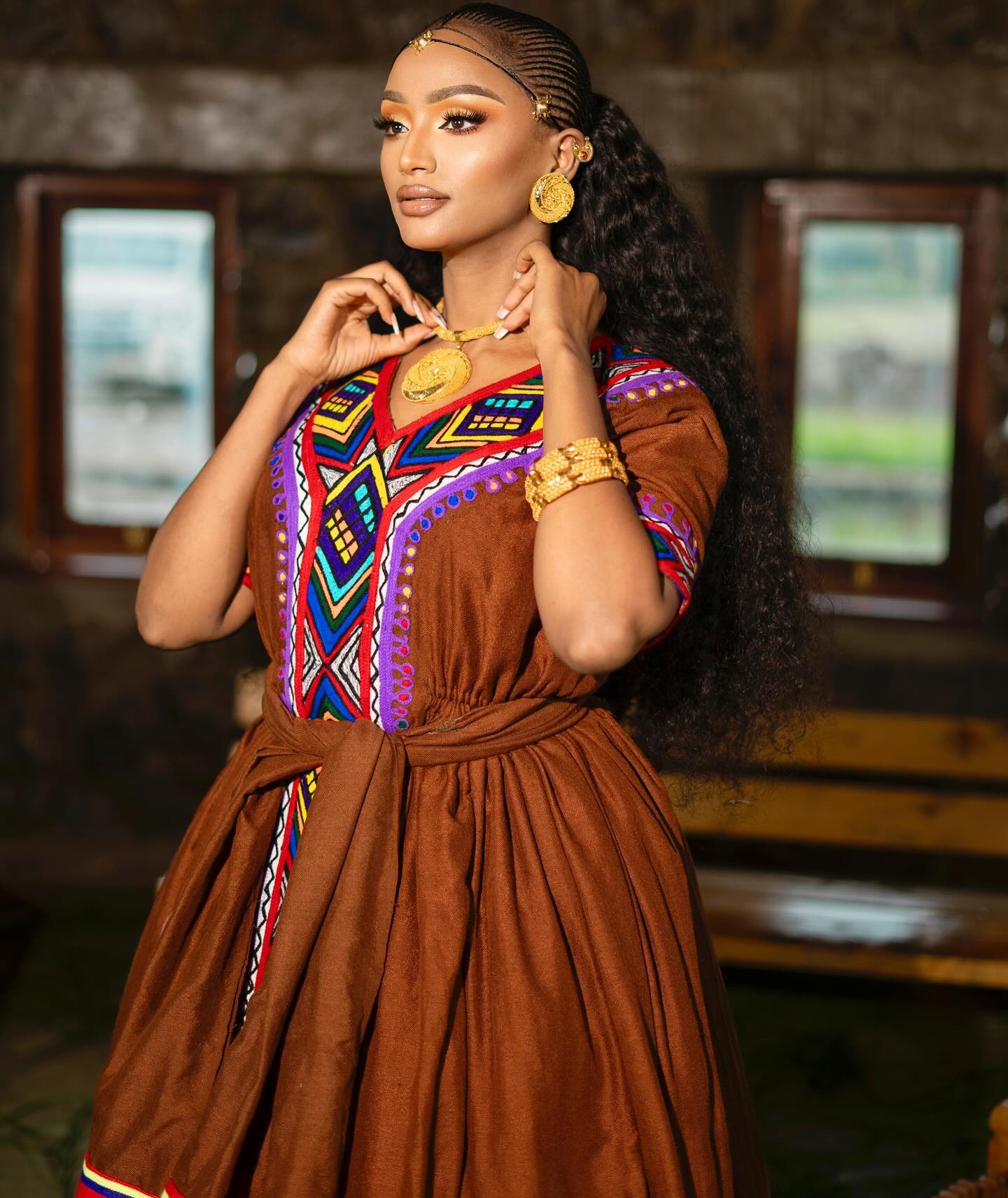 Elegant Earth-Toned Brown Habesha Dress Vibrant Multi-Colored Geometric Habesha Kemis and Matching Waist Tie 931