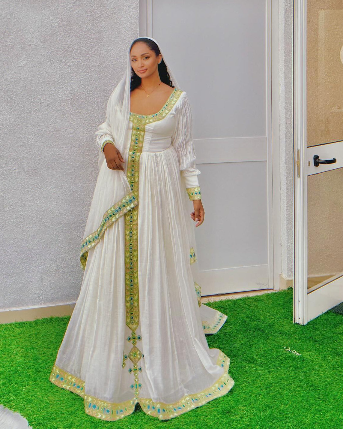 Graceful Habesha Dress Lime Green and Teal Beaded Tilf Ethiopian Dress With Netela Shawl 933