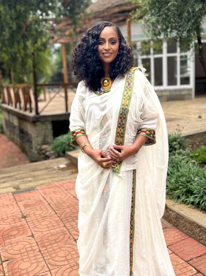 Olive Green, Fuchsia, and Orange Geometric Habesha Dress Classic Ethiopian Clothing 936