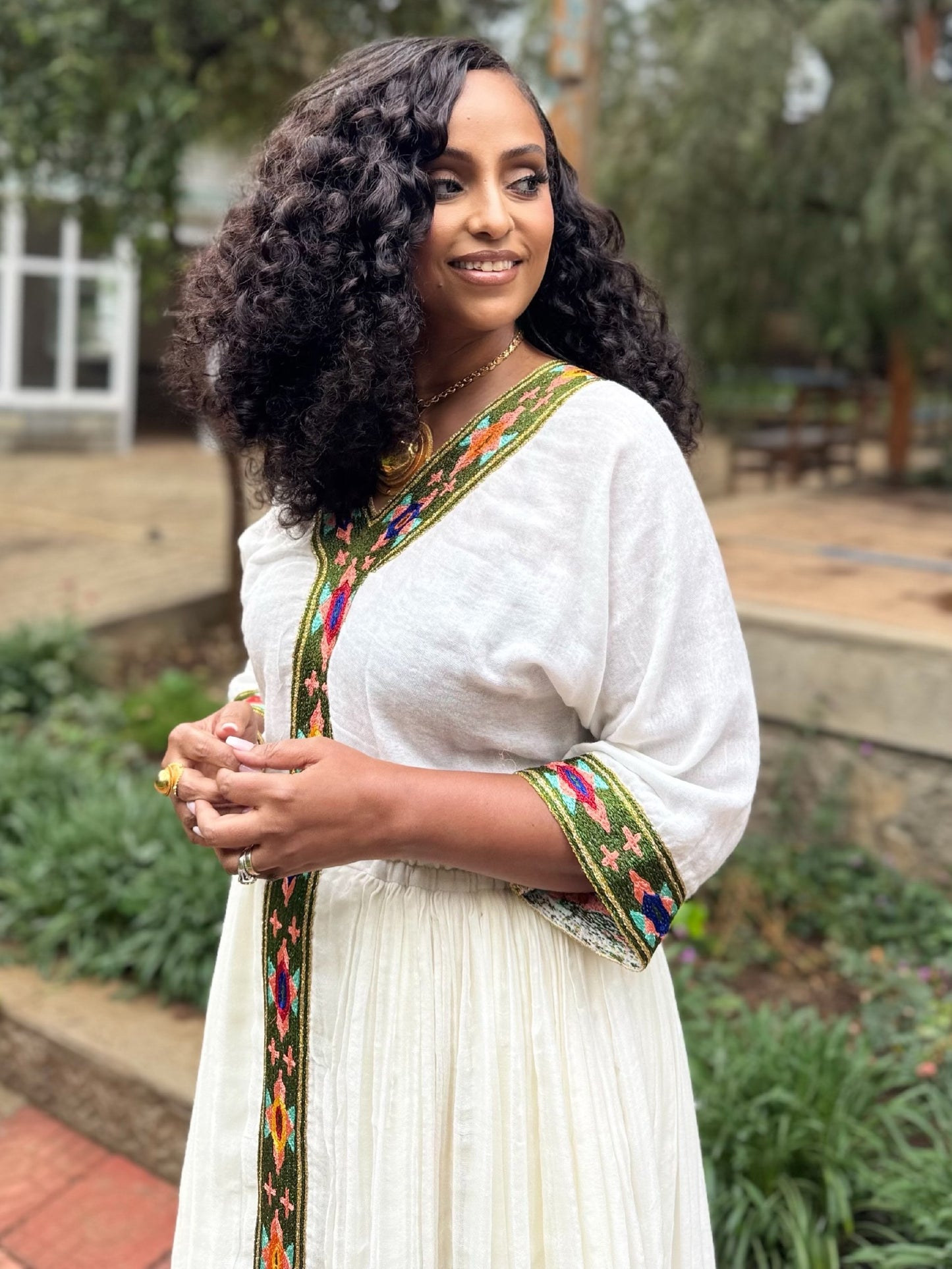 Olive Green, Fuchsia, and Orange Geometric Habesha Dress Classic Ethiopian Clothing 936