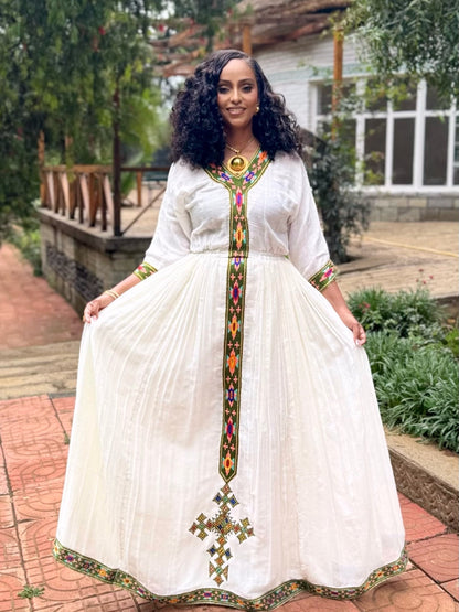 Olive Green, Fuchsia, and Orange Geometric Habesha Dress Classic Ethiopian Clothing 936