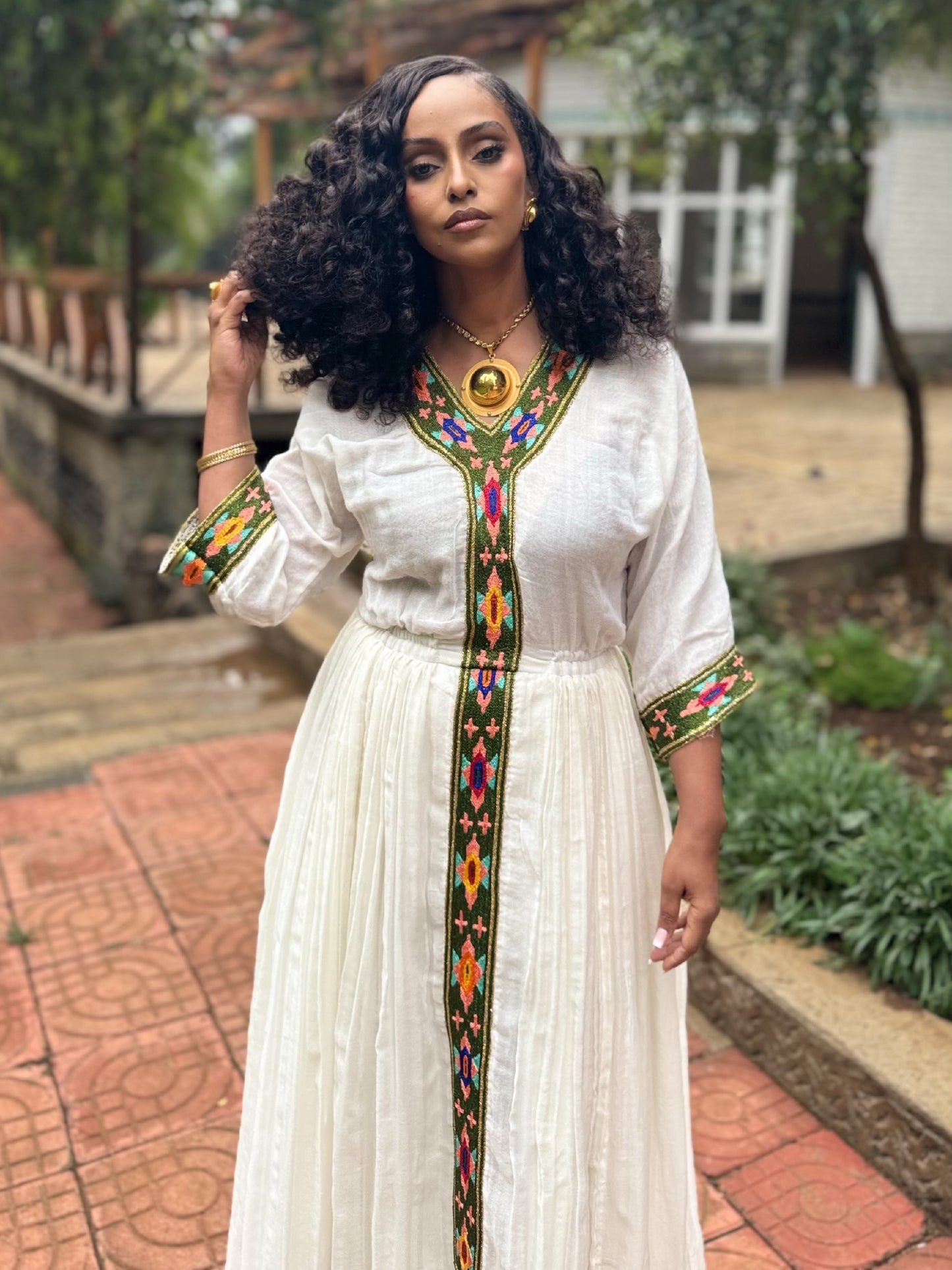 Olive Green, Fuchsia, and Orange Geometric Habesha Dress Classic Ethiopian Clothing 936
