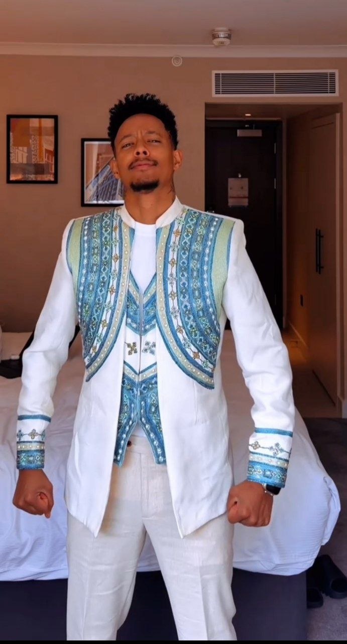 Men's Luxury 3-Piece Habesha Suit with Intricate Light Blue and Sage Green Tilf Embroidery 938