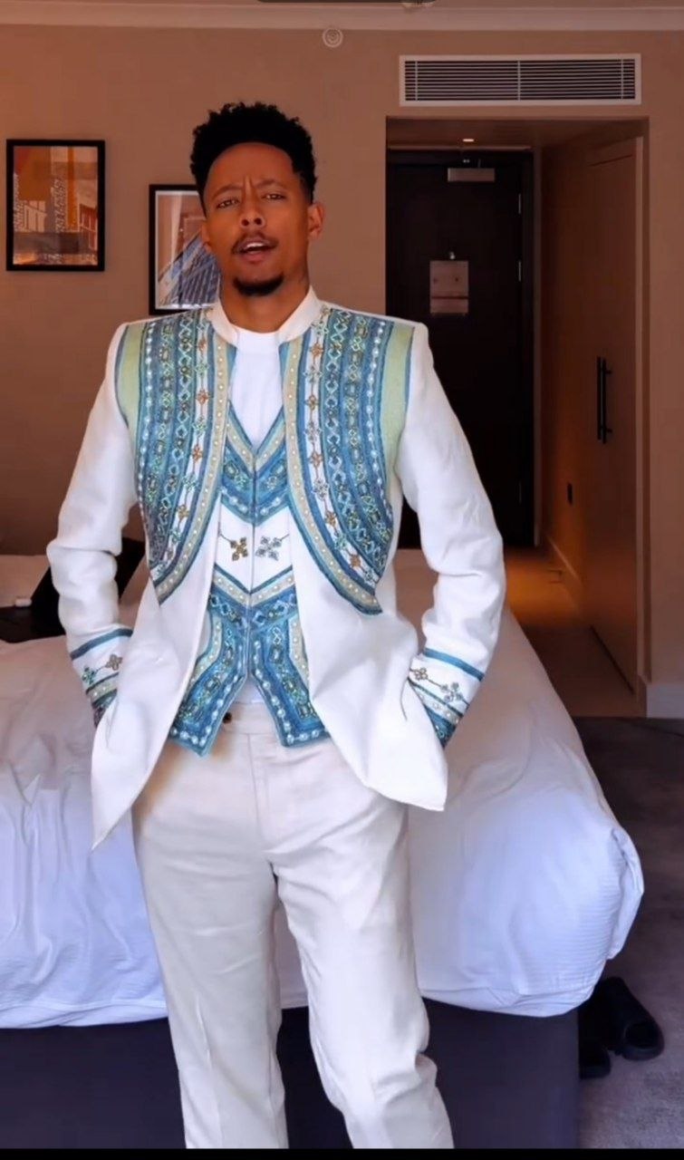 Men's Luxury 3-Piece Habesha Suit with Intricate Light Blue and Sage Green Tilf Embroidery 938