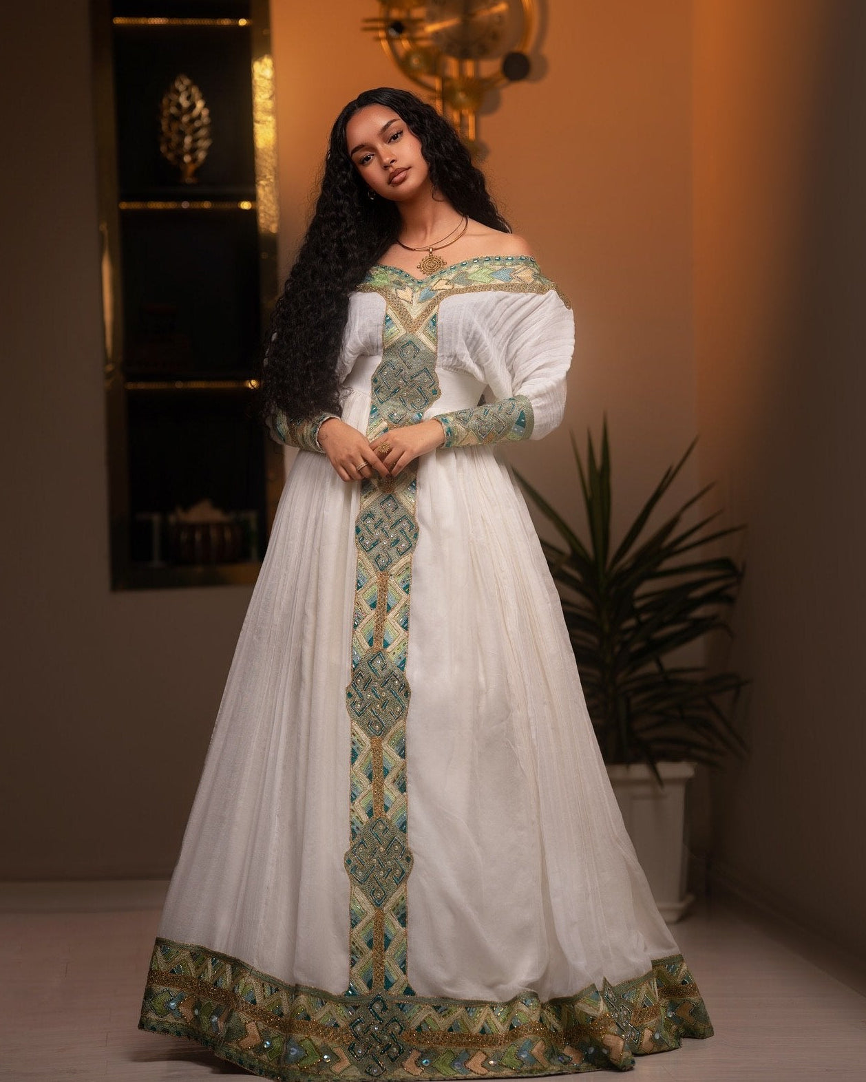 Celestial Sage Off-Shoulder Habesha Kemis Ethiopian Heritage Dress Timelss Habesha Dress 939