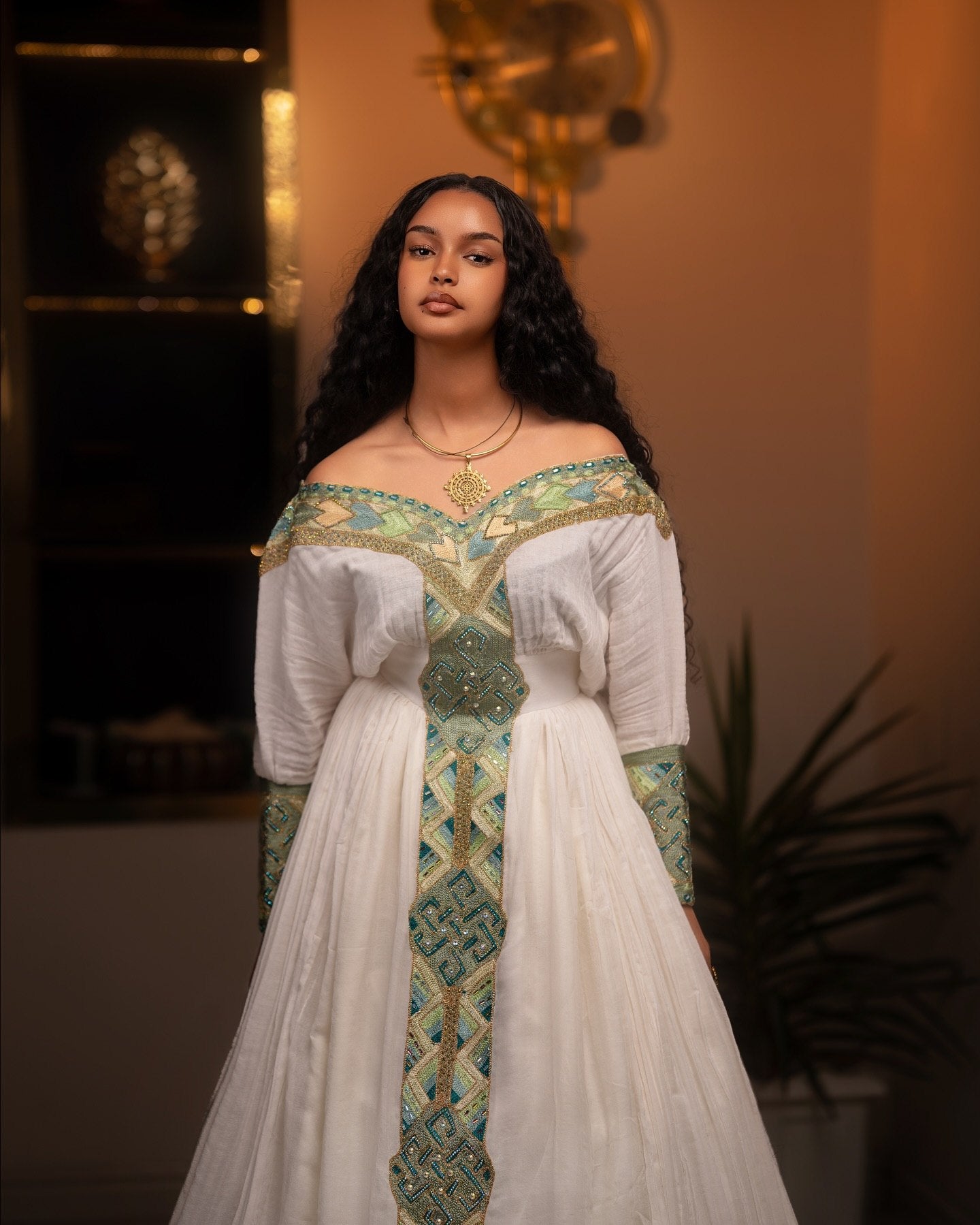 Celestial Sage Off-Shoulder Habesha Kemis Ethiopian Heritage Dress Timelss Habesha Dress 939