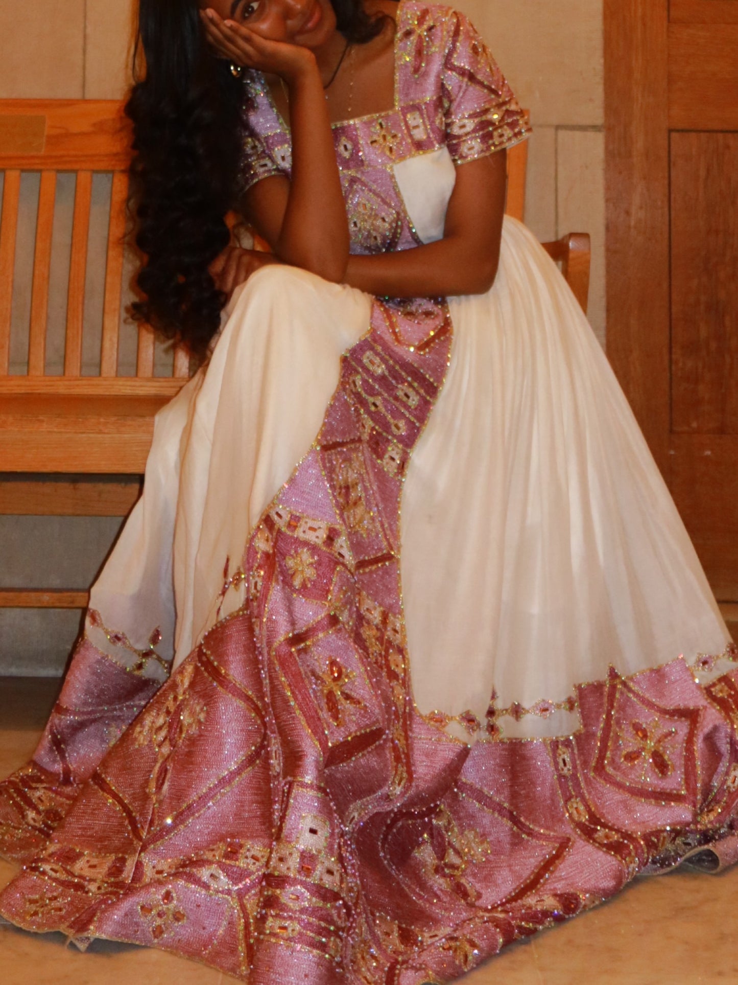 Charming Short-Sleeve Habesha Dress Shimmering Lilac and Silver Ornate Habesha Kemis Traditional Dress 941