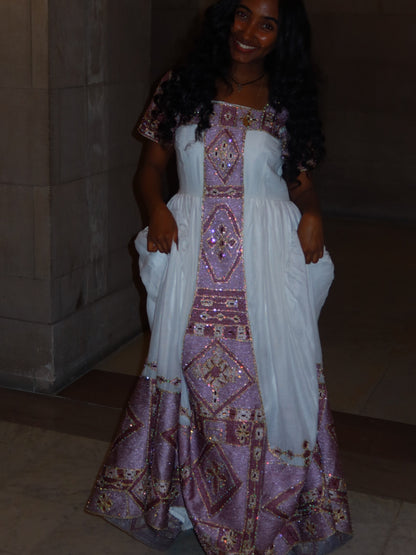 Charming Short-Sleeve Habesha Dress Shimmering Lilac and Silver Ornate Habesha Kemis Traditional Dress 941