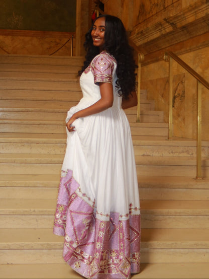Charming Short-Sleeve Habesha Dress Shimmering Lilac and Silver Ornate Habesha Kemis Traditional Dress 941