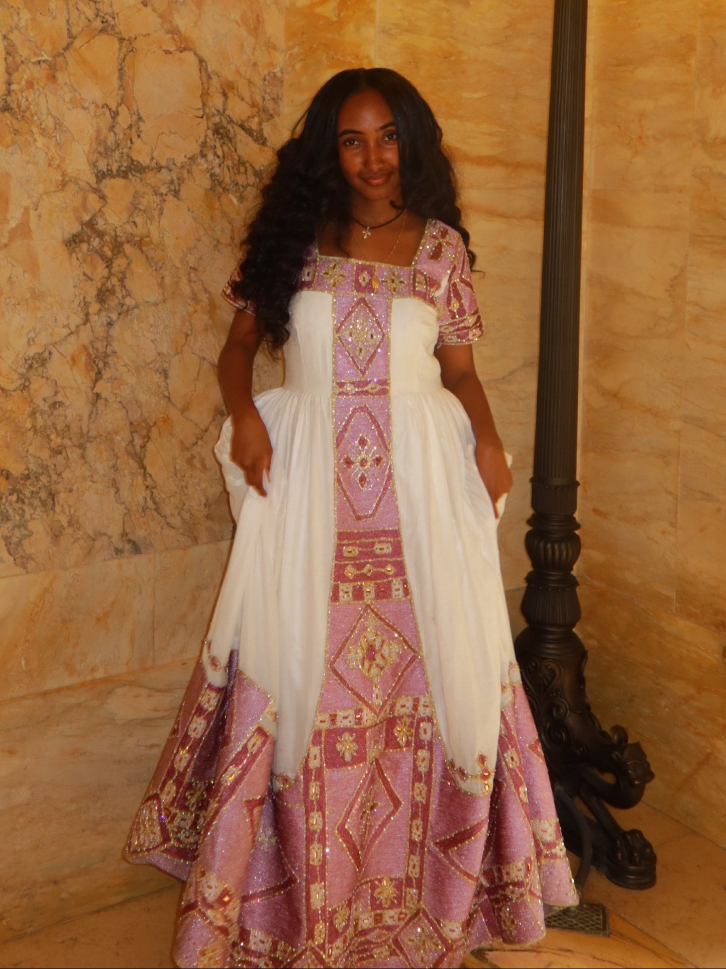 Charming Short-Sleeve Habesha Dress Shimmering Lilac and Silver Ornate Habesha Kemis Traditional Dress 941