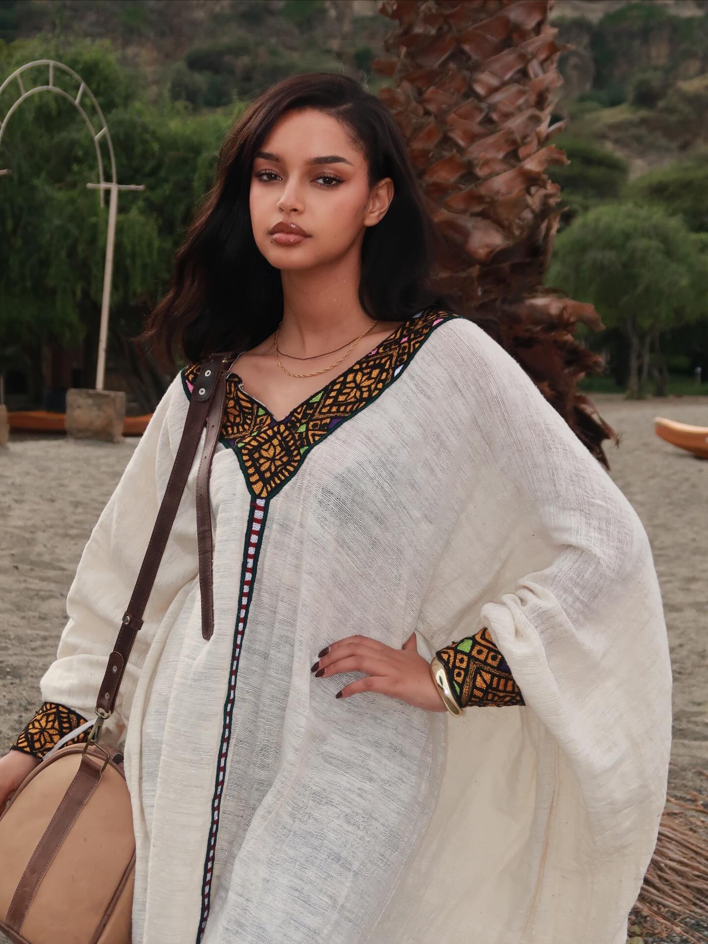 Bohemian Cream Oversized Habesha Dress Earth-Toned Orange and Green Geometric Habesha Kemis V-Neck 942