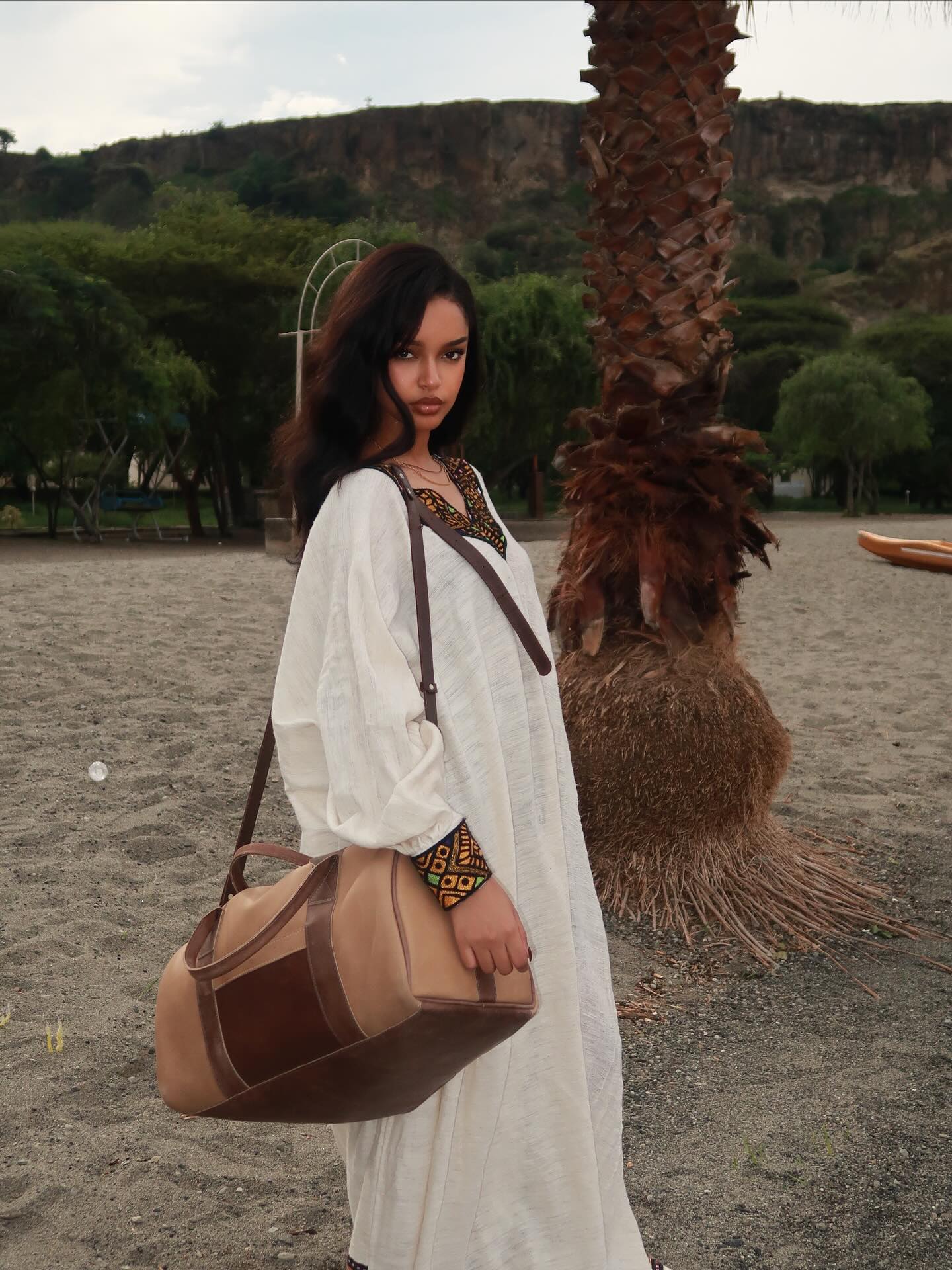 Bohemian Cream Oversized Habesha Dress Earth-Toned Orange and Green Geometric Habesha Kemis V-Neck 942