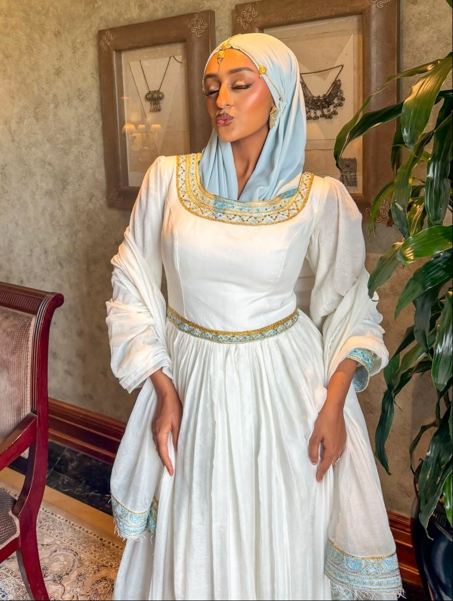 Modest Pure Habesha Dress Delicate Ice Blue and Gold Tilf Ethiopian Clothing  Handcrafted Habesha Kemis 943