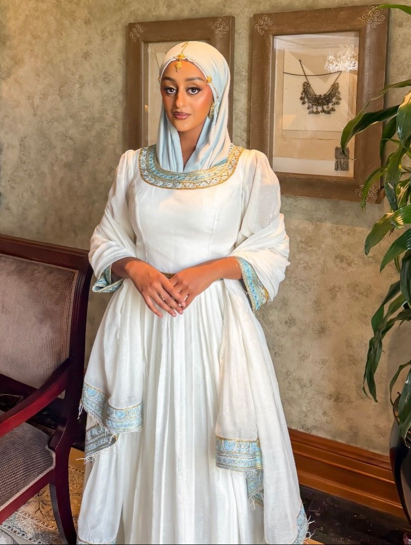 Modest Pure Habesha Dress Delicate Ice Blue and Gold Tilf Ethiopian Clothing  Handcrafted Habesha Kemis 943