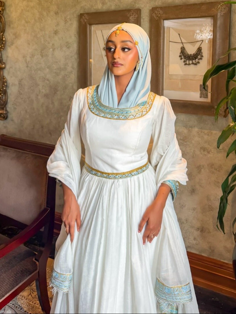Modest Pure Habesha Dress Delicate Ice Blue and Gold Tilf Ethiopian Clothing  Handcrafted Habesha Kemis 943