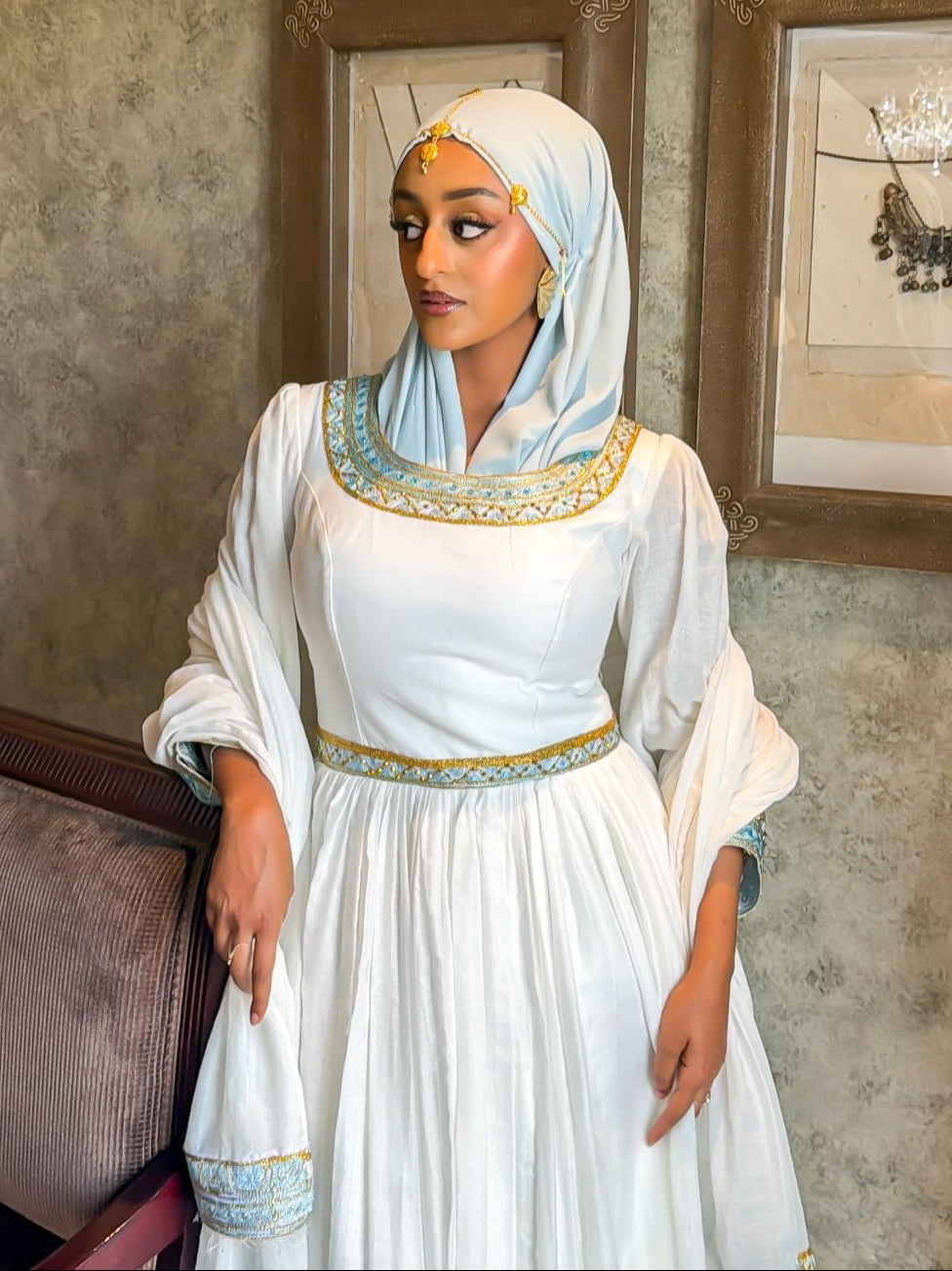 Modest Pure Habesha Dress Delicate Ice Blue and Gold Tilf Ethiopian Clothing  Handcrafted Habesha Kemis 943