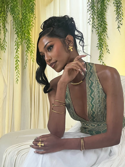 Emerald Majesty Halter Habesha Kemis Handwoven Ethiopian Heritage Gown with Regal Green Embroidery 945