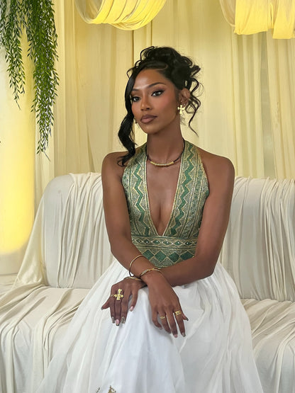 Emerald Majesty Halter Habesha Kemis Handwoven Ethiopian Heritage Gown with Regal Green Embroidery 945