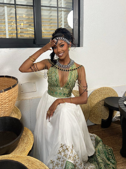 Emerald Majesty Halter Habesha Kemis Handwoven Ethiopian Heritage Gown with Regal Green Embroidery 945