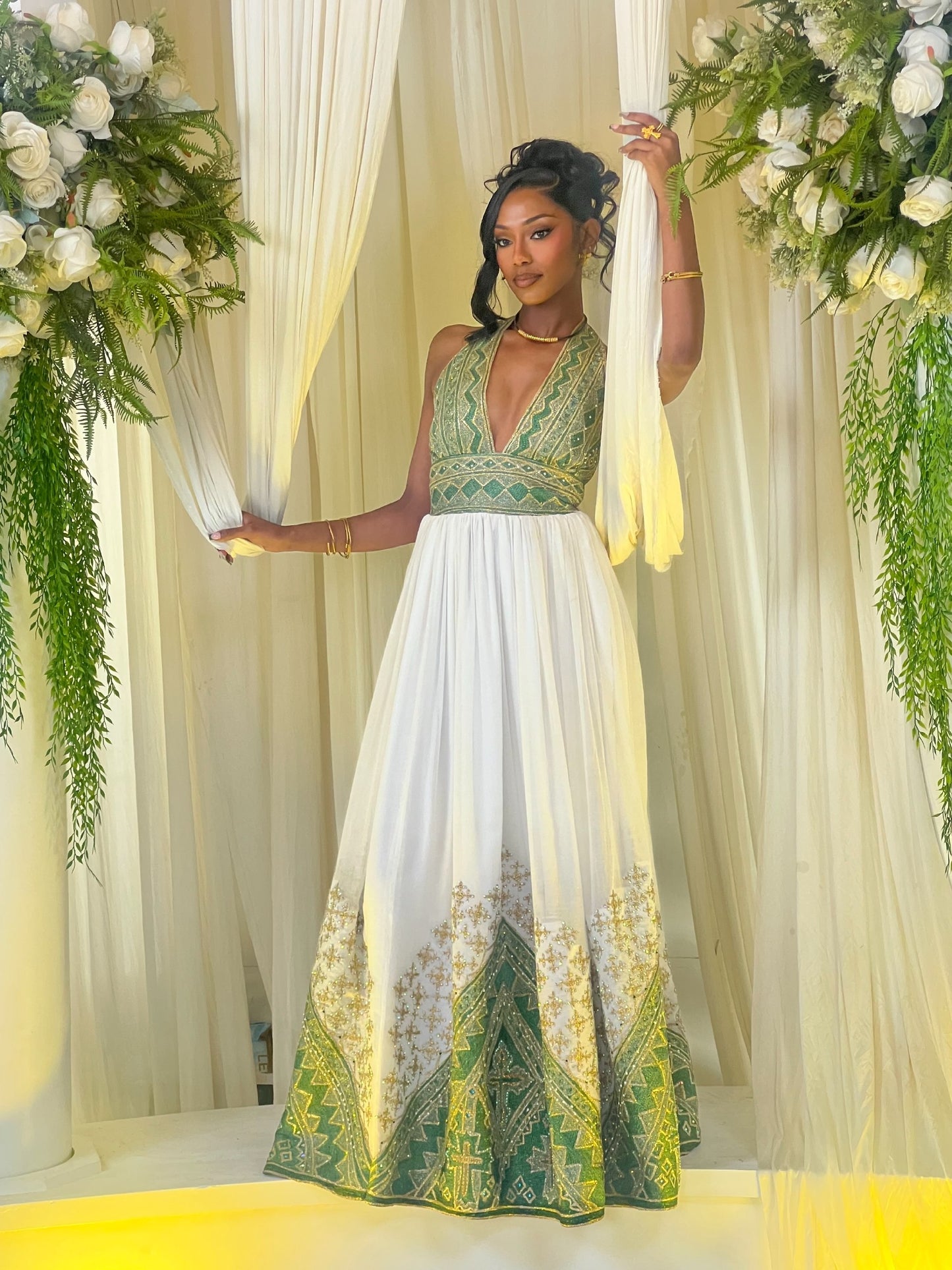 Emerald Majesty Halter Habesha Kemis Luxury Ethiopian Heritage Wedding Dress