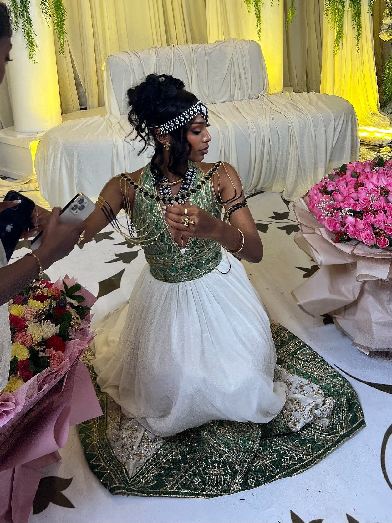 Emerald Majesty Halter Habesha Kemis Handwoven Ethiopian Heritage Gown with Regal Green Embroidery 945