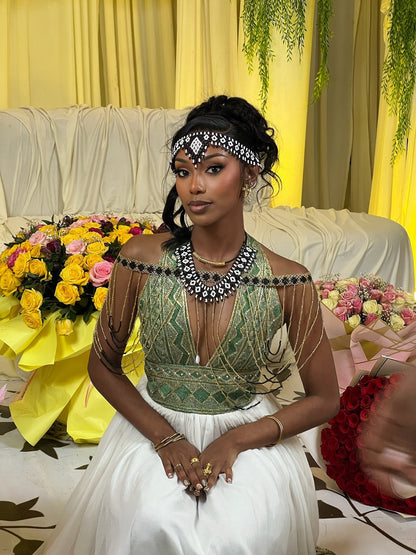 Emerald Majesty Halter Habesha Kemis Handwoven Ethiopian Heritage Gown with Regal Green Embroidery 945