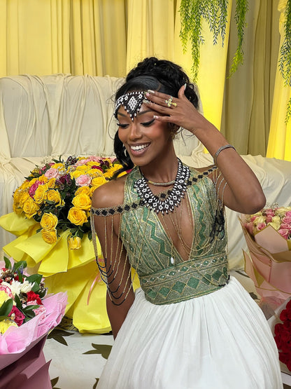 Emerald Majesty Halter Habesha Kemis Handwoven Ethiopian Heritage Gown with Regal Green Embroidery 945