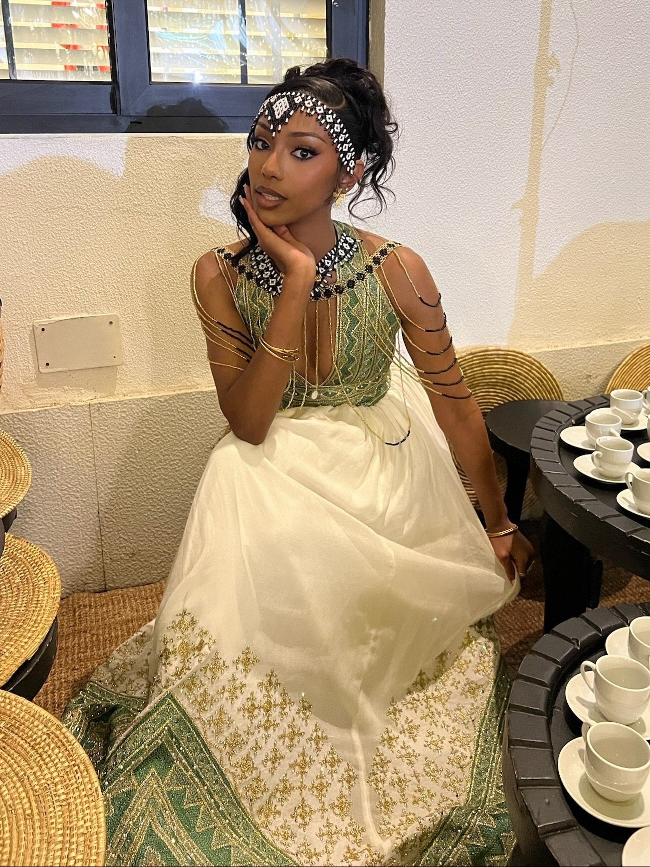 Emerald Majesty Halter Habesha Kemis Handwoven Ethiopian Heritage Gown with Regal Green Embroidery 945