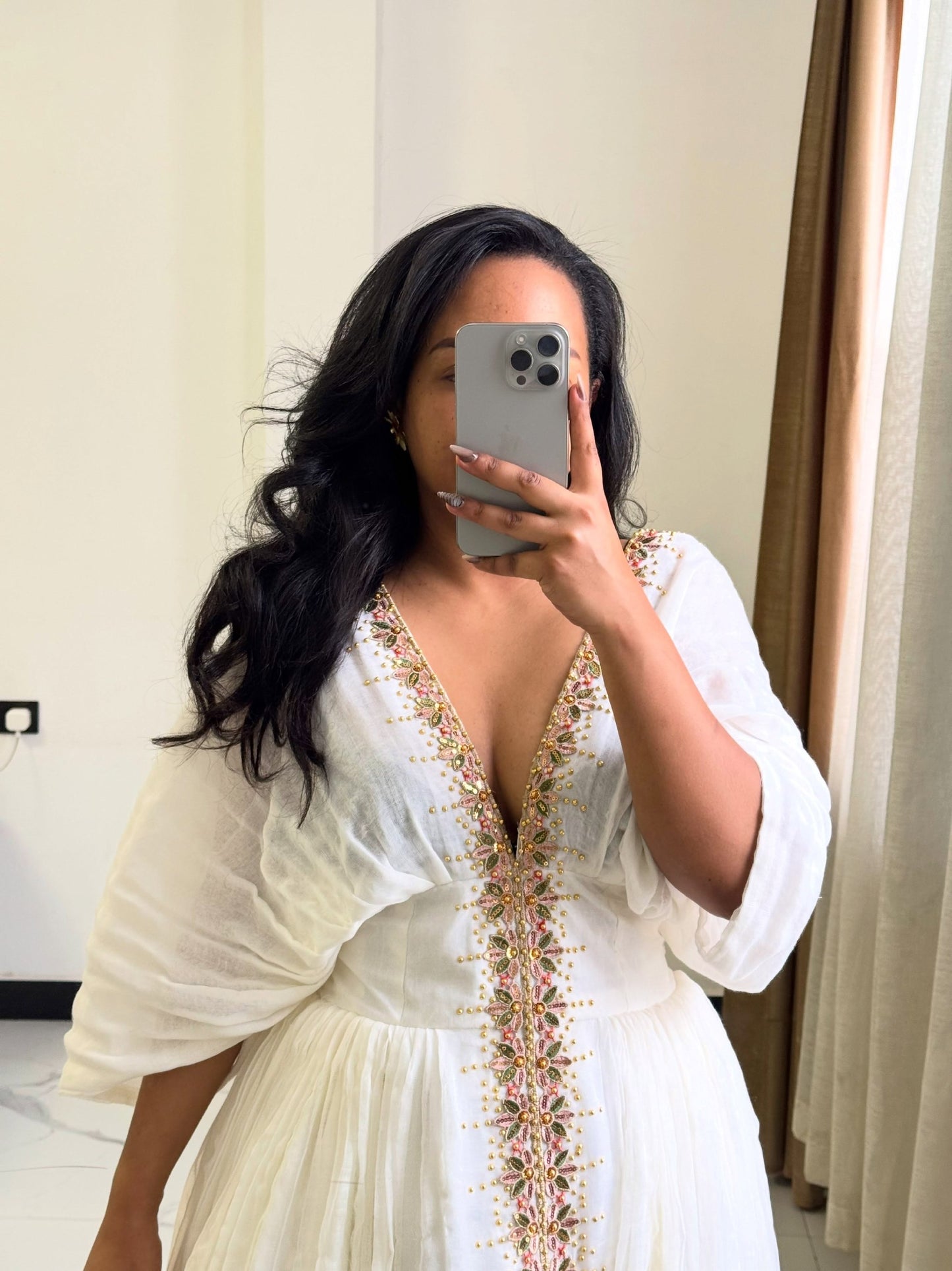 Radiant Rose Gold Embroidered Ethiopian Dress V-Neck Habesha Traditional Dress for Cultural Celebrations 946