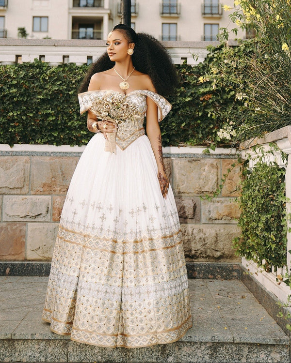 Royal Off-Shoulder Ethiopian Bridal Gown with Luxe Gold Embroidery Habesha Wedding Dress 947