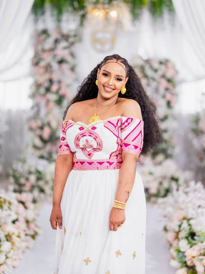 Enchanting Off-the-Shoulder Habesha Dress Radiant Magenta Pink Tilf Borders and Golden Habesha Dress 950
