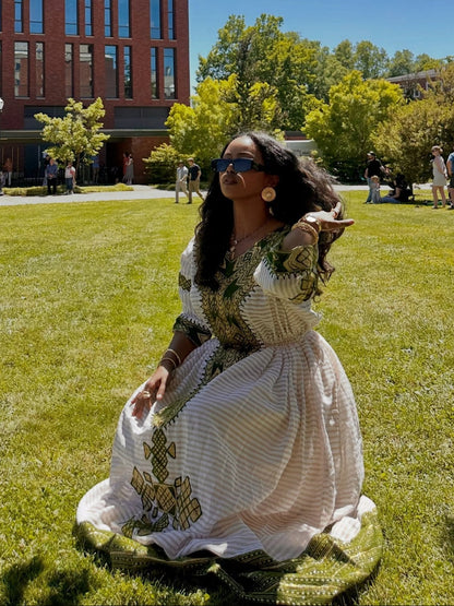 Bohemian Maxi Kaftan with Rich Moss Green Diamond Ethiopian Clothing  Striped Accent Habesha Dress 951