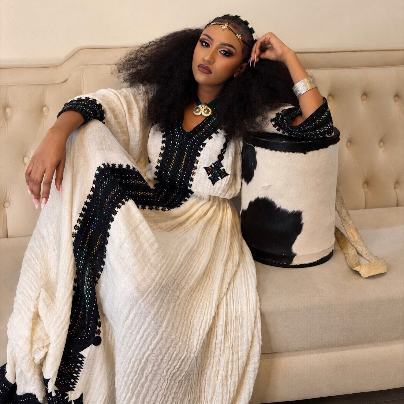 Bold Jet Black and Dark Green Geometric Habesha Dress Charming Habesha Kemis For Events 952