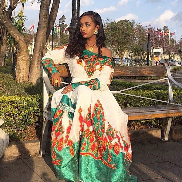 Emerald Mosaic Habesha Kemis Off-Shoulder Traditional Ethiopian Dress for Women Authentic Habesha Dress 956