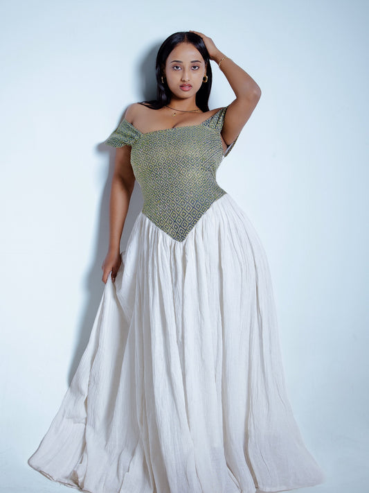 Sage Corset Habesha Kemis for Women Off-Shoulder Traditional Ethiopian Dress Handwoven Cultural Celebration Outfit 957