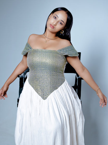 Sage Corset Habesha Kemis for Women Off-Shoulder Traditional Ethiopian Dress Handwoven Cultural Celebration Outfit 957