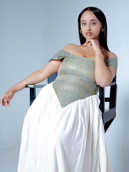 Sage Corset Habesha Kemis for Women Off-Shoulder Traditional Ethiopian Dress Handwoven Cultural Celebration Outfit 957