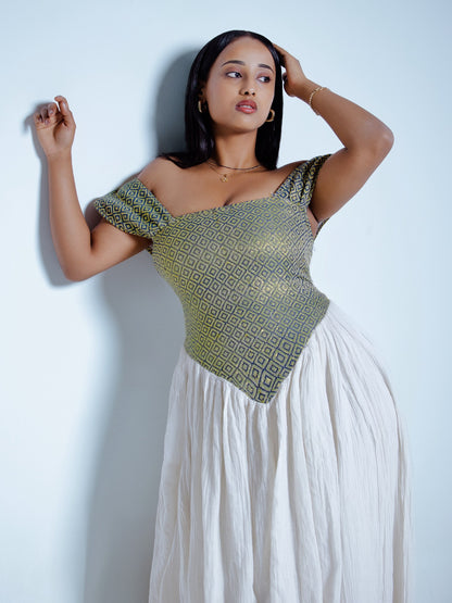 Sage Corset Habesha Kemis for Women Off-Shoulder Traditional Ethiopian Dress Handwoven Cultural Celebration Outfit 957