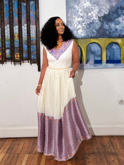 Graceful Lavender Accent Habesha Kemis Sleeveless Ethiopian Traditional Dress with Flowing Cotton Skirt 959