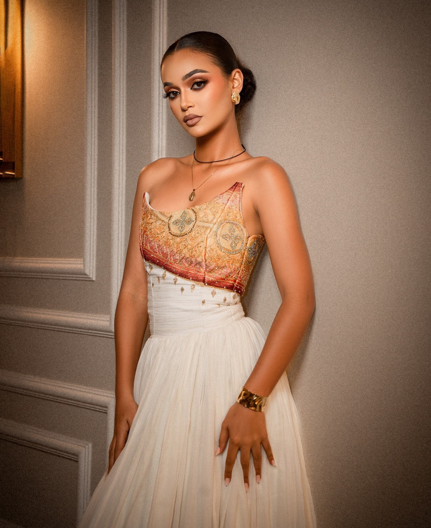 Celestial Habesha Kemis Warm Amber, Coral, and Gold Medallion Bodice Ethiopian Clothing 962