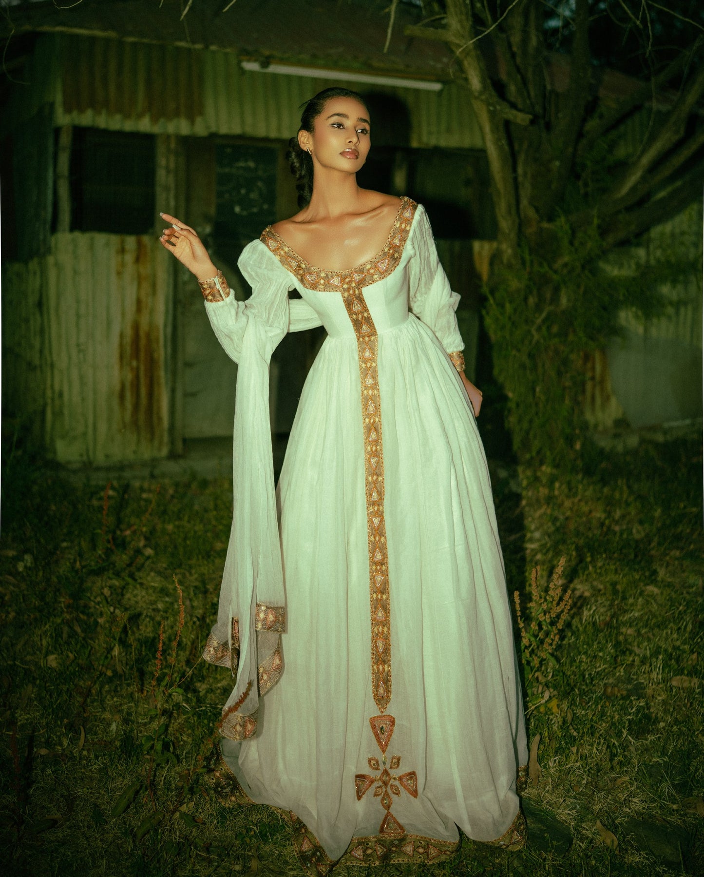 Regal Habesha Dress with Antique Gold Embroidery Elegant Heritage-Inspired Ethiopian Dress 964