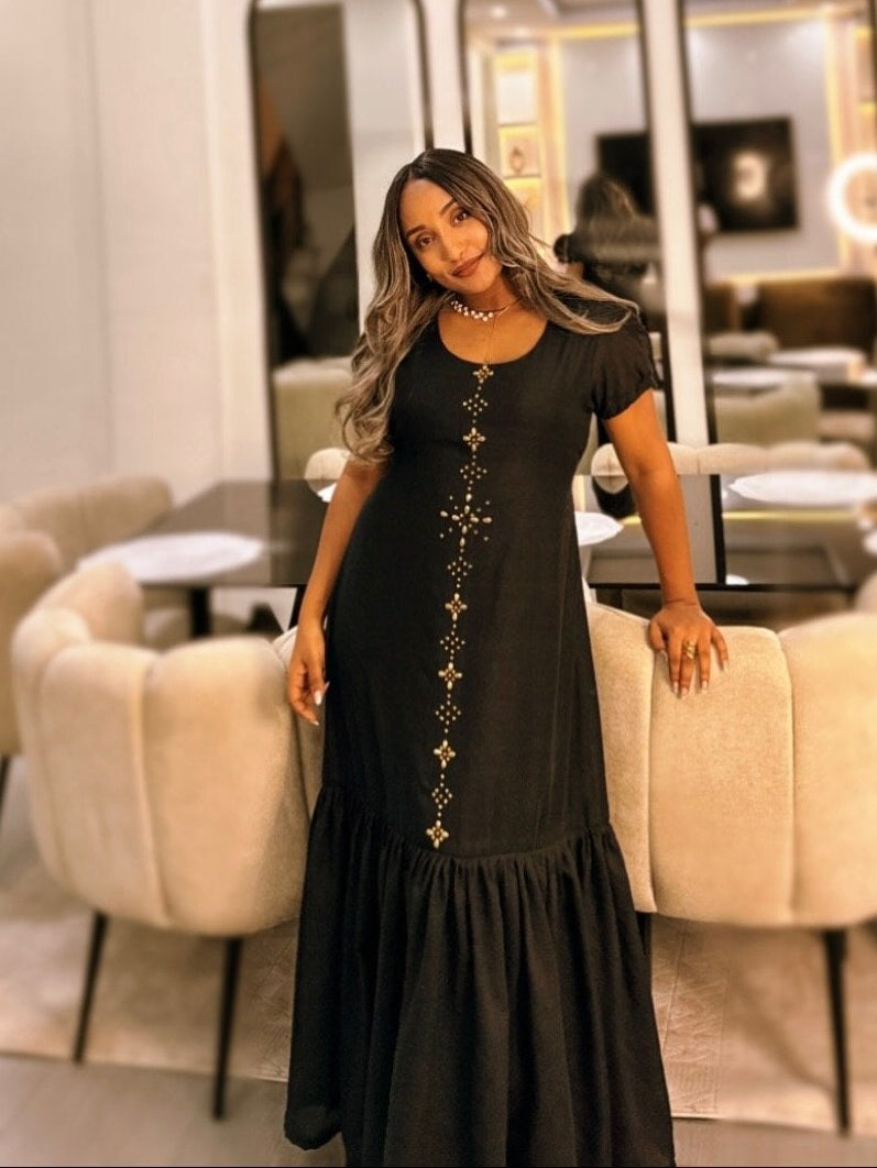 Sophisticated Black Ethiopian Cultural Dress with Gold Embellishments Authentic Habesha Dress For Event 966