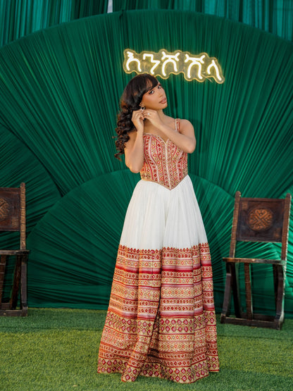 Grand Matching Couple's Attire Crimson and Gold Corset-Style Habesha Dress and Men's Formal Suit 970