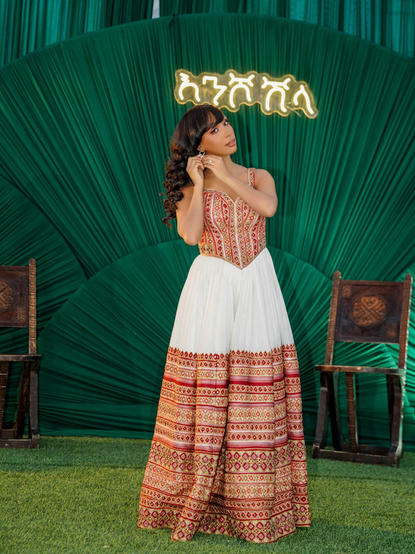 Grand Matching Couple's Attire Crimson and Gold Corset-Style Habesha Dress and Men's Formal Suit 970